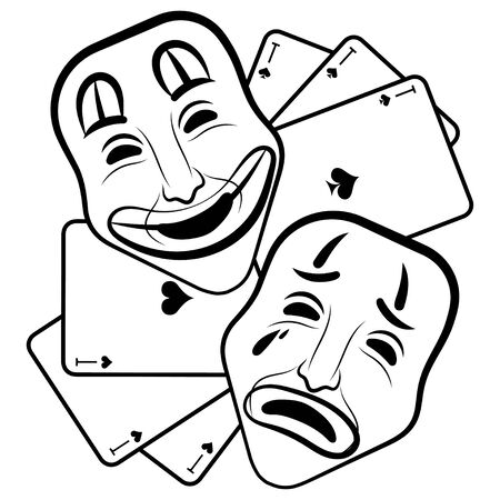 Theatre Masks. Drama and comedy. Illustration for the theater. Tragedy and comedy mask. Black white illustration.のイラスト素材