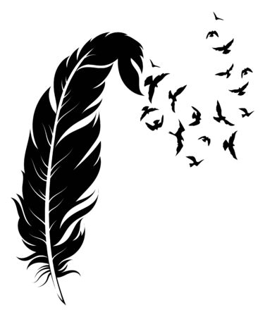Feather and birds. Black and white vector illustration of stylized feather with silhouettes of flocks of birds.のイラスト素材