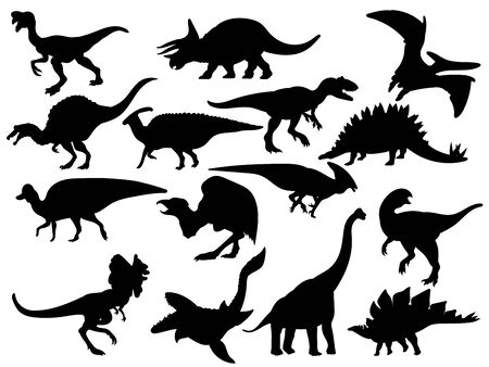 Set of dinosaur silhouettes. Collection of extinct animals. Black and white illustration of dinosaurs for children.のイラスト素材
