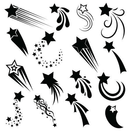 Set of shooting stars. Collection of stylized stars silhouette. Black and white illustration of starfish.のイラスト素材