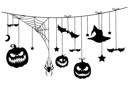 Paper garland for Halloween with mystical creatures. Vector illustration of check boxes for holiday decoration. Tattoo.のイラスト素材