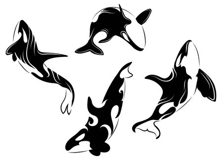 Set of killer whales. Collection of stylized orca whale. Black white vector illustration of sea predatory fish. Tattoo.のイラスト素材