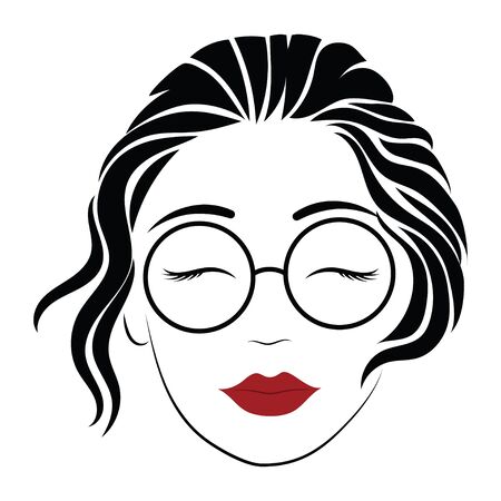 Portrait of a girl with glasses. Head of a beautiful girl. Face of a young woman with a female hairdo. Logo for the beauty salon.のイラスト素材