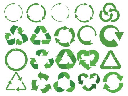 Set of recycling signs with arrows. Collection of green eco symbols. Vector illustration of recovery icons. Recycling emblem.のイラスト素材