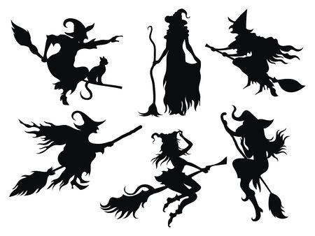 Set of black silhouettes of witches flying on a broomstick. A collection of silhouettes for Halloween. Mystical illustration. Vector outline of a witch.のイラスト素材