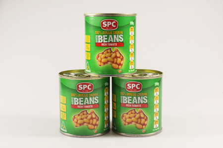 Brisbane, Australia - May 29, 2014  Can of SPC baked beans on a white background  SPC company manufactures thousands of food products available across the world のeditorial素材