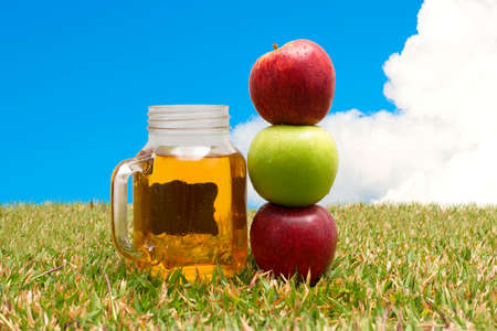 Fresh apples on the grass with a glass of apple juice.の写真素材