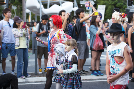 Brisbane, Queensland, Australia - October 5th 2014: Annual brain foundation zombie walk October 5th, 2014 in West end, Brisbane, Australia. Crowd of participants on the day walking the street.のeditorial素材