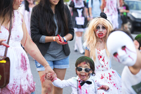 Brisbane, Queensland, Australia - October 5th 2014: Annual brain foundation zombie walk October 5th, 2014 in West end, Brisbane, Australia. Crowd of participants on the day walking the street.のeditorial素材