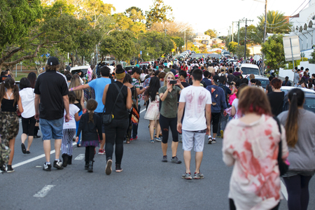 Brisbane, Queensland, Australia - October 5th 2014: Annual brain foundation zombie walk October 5th, 2014 in West end, Brisbane, Australia. Crowd of participants on the day walking the street.のeditorial素材