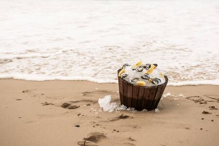 Fresh oysters on ice at the beach during the dayの写真素材