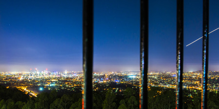 View of Brisbane City from Mount Coot-tha at night. Queensland, Australia.