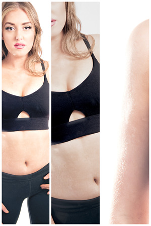 Female fitness model posing in studio. Cinematic Portrait Style with multi panel effect.の写真素材