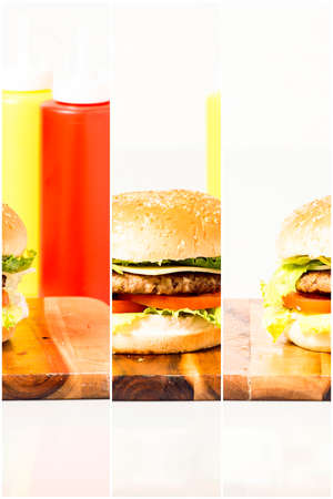 Hamburger with cheese and ingredients on a white background with a multi panel effect.の写真素材