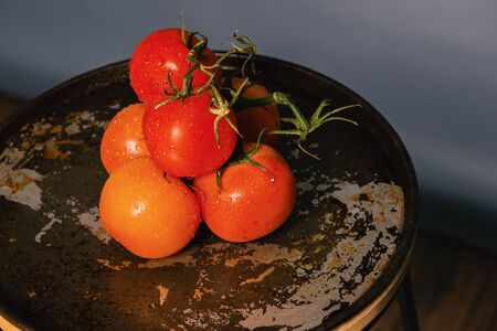 Red ripe fresh tomatoes on a metal baking tray.の写真素材