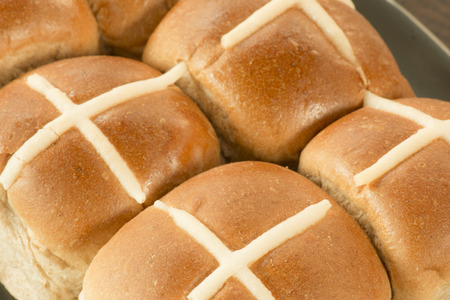 Tasty traditional Easter hot cross buns, closeup view.の写真素材