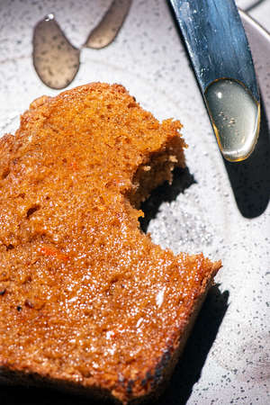 Deliciously moist fresh made carrot cake, detailed closeup.