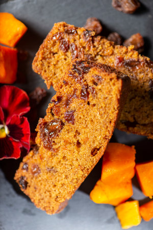 Fresh homemade moist pumpkin quick bread with sultanas
