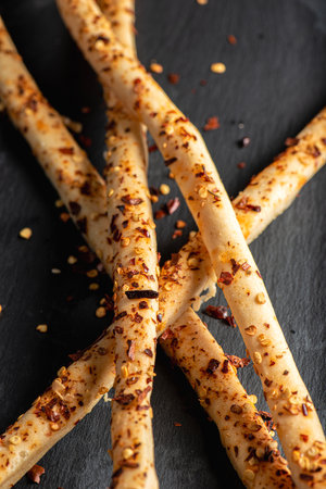 Grissini with Chilli Flakes, also known as breadsticks, grissino, or dipping sticks, are generally...
