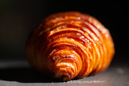 Detailed and closeup photo of a fresh baked plain buttery and flaky croissant.の写真素材