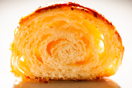 Detailed and closeup photo of a fresh baked plain buttery and flaky croissant.の写真素材