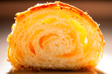 Detailed and closeup photo of a fresh baked plain buttery and flaky croissant.の写真素材