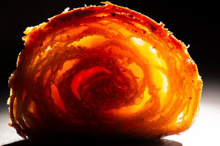 Detailed and closeup photo of a fresh baked plain buttery and flaky croissant.の写真素材