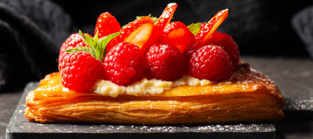 Delicious mixed berry Danish with custard, raspberries, and strawberries dusted with icing sugar and decorated with mint leaves.の写真素材