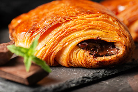 Delectable golden brown baked Pain au chocolat.の写真素材