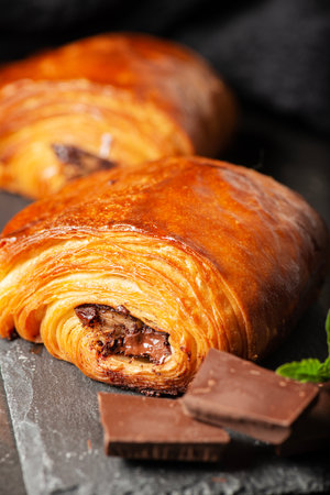 Delectable golden brown baked Pain au chocolat.の写真素材