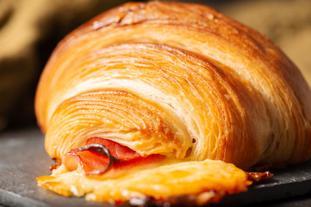 Flavoursome gold brown baked champagne ham and sliced cheese croissant.の写真素材