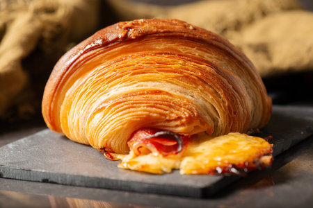 Flavoursome gold brown baked champagne ham and sliced cheese croissant.の写真素材