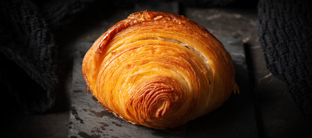 Delicious golden brown baked crispy and flaky plain buttery croissant.の写真素材