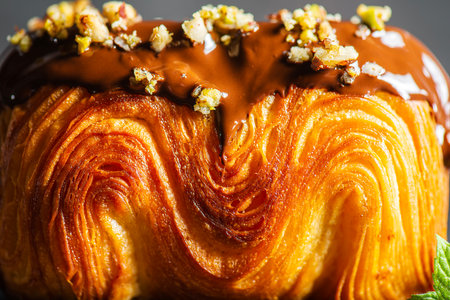 Petite Bar Croissant with drizzled chocolate, crushed pistachio and hazelnuts.の写真素材