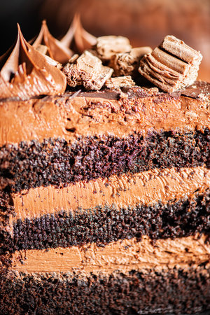 Deliciously moist Chocolate Mud Cake with whipped ganache, milk chocolate drip and decoration.の写真素材