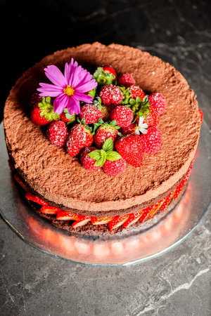 Deliciously moist Chocolate Cake with fresh strawberries and chocolate whipped cream.の写真素材