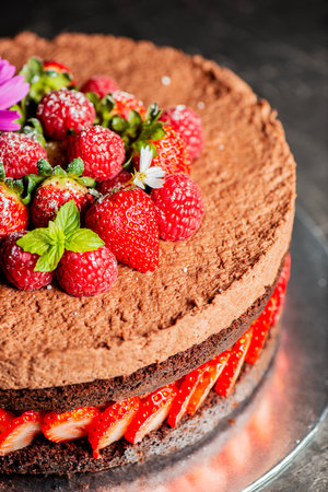 Deliciously moist Chocolate Cake with fresh strawberries and chocolate whipped cream.の写真素材