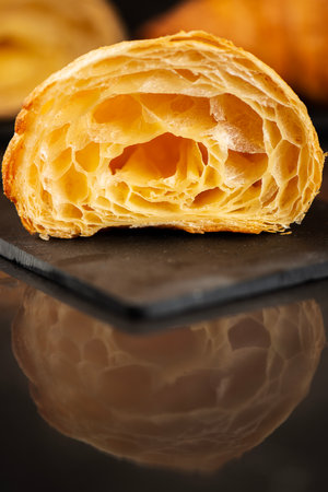 Detailed close-up of crispy, flaky, and delicious butter croissantsの写真素材