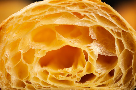Detailed close-up of crispy, flaky, and delicious butter croissantsの写真素材