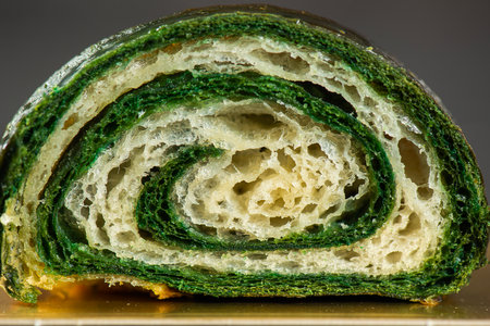 Detailed close-up of crispy, flaky, and delicious bicolour croissant.の写真素材