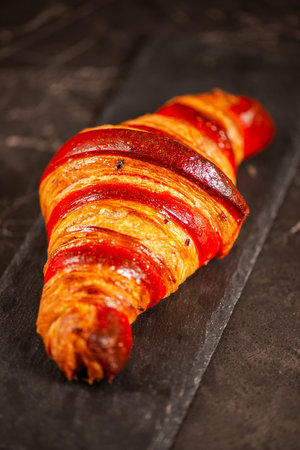 Detailed close-up of crispy, flaky, and delicious hand-laminated bicolour chilli-flavoured croissant.の写真素材