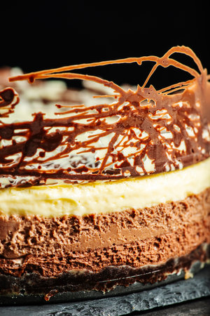 Creamy and delicate three-layered mousse cake with dark, milk, and white chocolate, a chocolate biscuit base, and abstract decoration.の写真素材