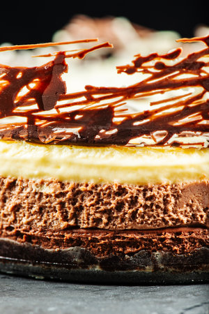 Creamy and delicate three-layered mousse cake with dark, milk, and white chocolate, a chocolate biscuit base, and abstract decoration.の写真素材