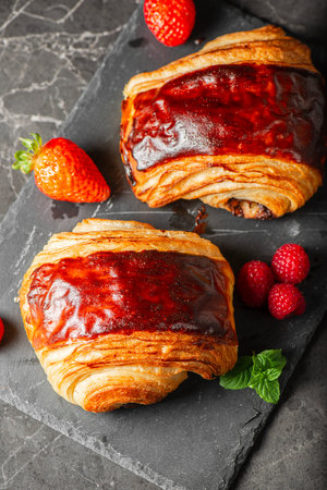 Delectable golden brown baked Pain au chocolat with fresh summer fruit.の写真素材