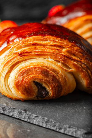 Delectable golden brown baked Pain au chocolat with fresh summer fruit.の写真素材