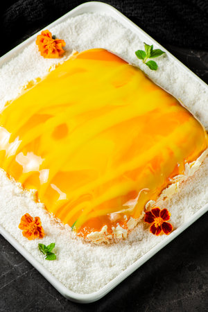 Gourmet Entremet Cake with layered sponge cake, mango jelly, coconut cream jelly and vanilla mousse, covered in a tropical coloured mirror glaze.の写真素材