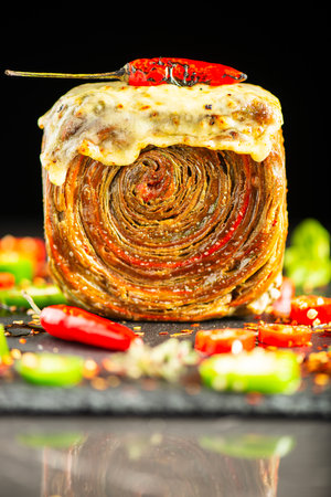 Homemade Tri-colour croissant with Jalapeno, birds eye and cayenne chilli butter.の写真素材