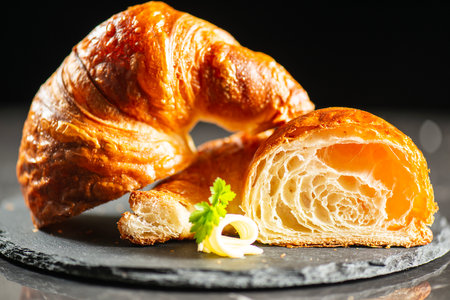 Delicious crispy, flaky and buttery plain croissant with a beautiful honeycomb.の写真素材