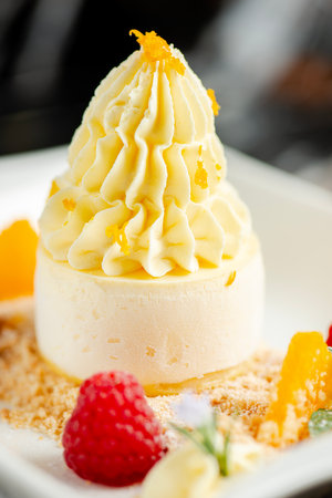 Soft and creamy orange and ricotta cheesecake accompanied with fresh fruit.の写真素材