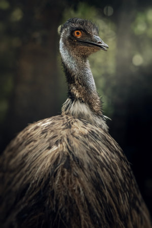 The Australian Emu or Dromaius novaehollandiae is aÂ large, flightless bird, the tallest native bird in Australia, known for its shaggy grey-brown feathers and a blue-black, featherless head and neck.の写真素材